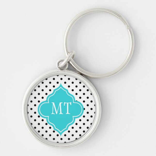 Elegant, modernt B&W polka dots monogram Rund Silverfärgad Nyckelring (Framsidan)