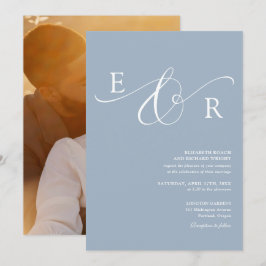 Elegant Modernt Monogram Foto Dammt blå Bröllop Inbjudningar