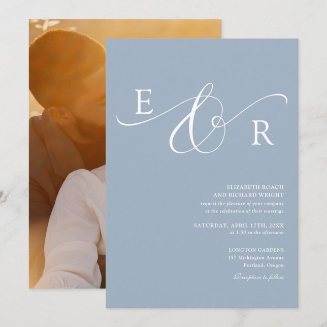 Elegant Modernt Monogram Foto Dammt blå Bröllop Inbjudningar (Fram/baksida)