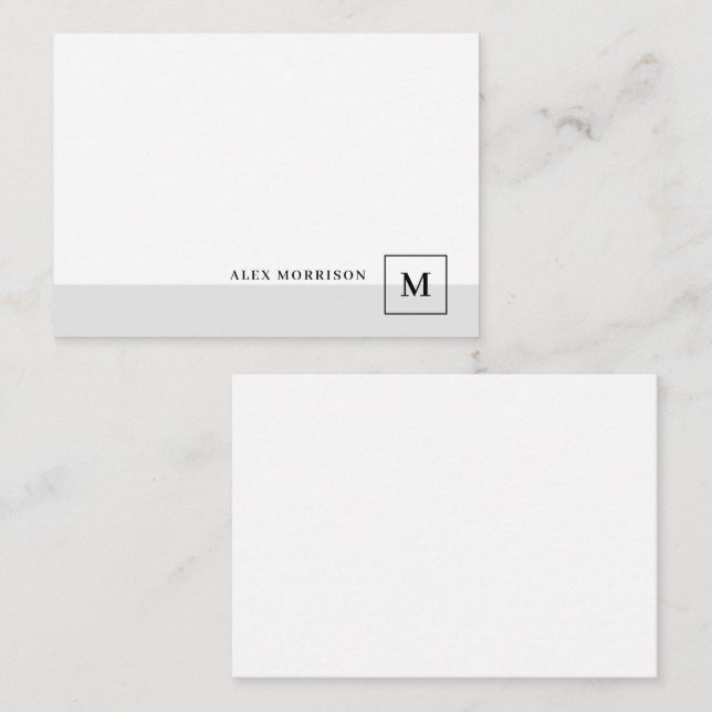Elegant Modernt Monogram Grå Kant Initial Namn Anteckningskort (Fram/baksida)