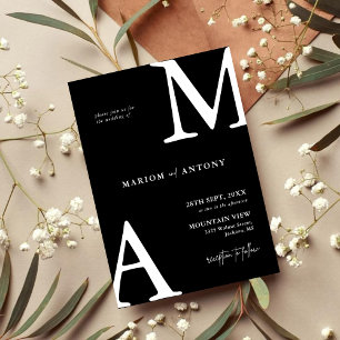 Elegant Modernt Monogram Initial Svart Vitt Bröllo Inbjudningar