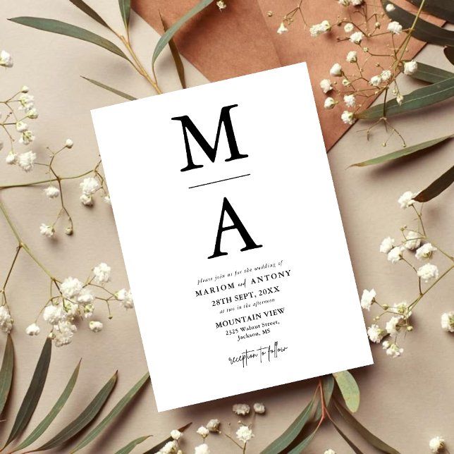 Elegant Modernt Monogram Initial Svart Vitt Bröllo Inbjudningar (Chic black and white monogram invitation adds elegant personalization to your wedding stationery)