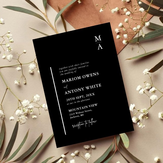 Elegant Modernt Monogram Initial Svart Vitt Bröllo Inbjudningar (Chic black and white monogram invitation adds elegant personalization to your wedding day)