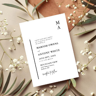 Elegant Modernt Monogram Initial Svart Vitt Bröllo Inbjudningar