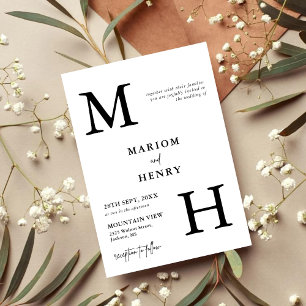 Elegant Modernt Monogram Initial Svart Vitt Bröllo Inbjudningar