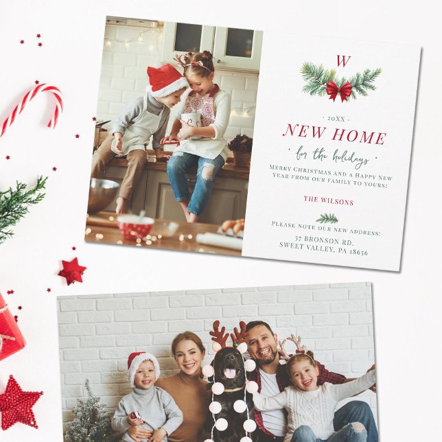 Elegant Modernt Nytt Hem Familj Monogram 2 Bilder Julkort (new home address family holidays card two photos red green botanical spruce bow elegant modern chic)