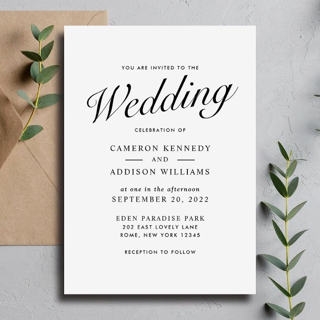 Elegant Modernt Skript Svart + Vitt Bröllopsinbjud Julkort (Elegant Modern Script Black + White Wedding Invite)