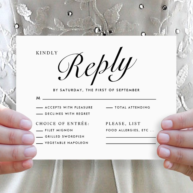 Elegant modernt skript Svart Vitt Menyval RSVP Julkort (Elegant Modern Script Black White Menu Choice RSVP Wedding Card)