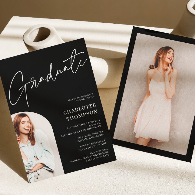 Elegant - modernt svartsvart foto studenten inbjudningar (Elegant simple modern white black photo graduation invitation)
