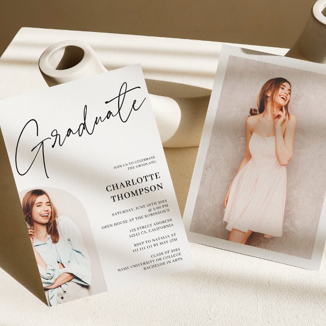 Elegant - modernt svartvit foto studenten inbjudningar (Elegant simple modern black white photo graduation invitation)