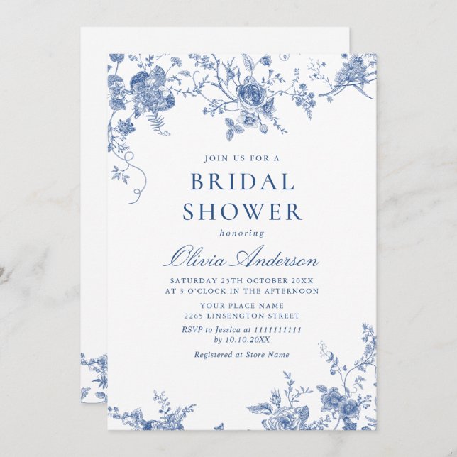 Elegant MÖHIPPA för Blommigt av viktoriansk blå Fr Inbjudningar (Fram/baksida)