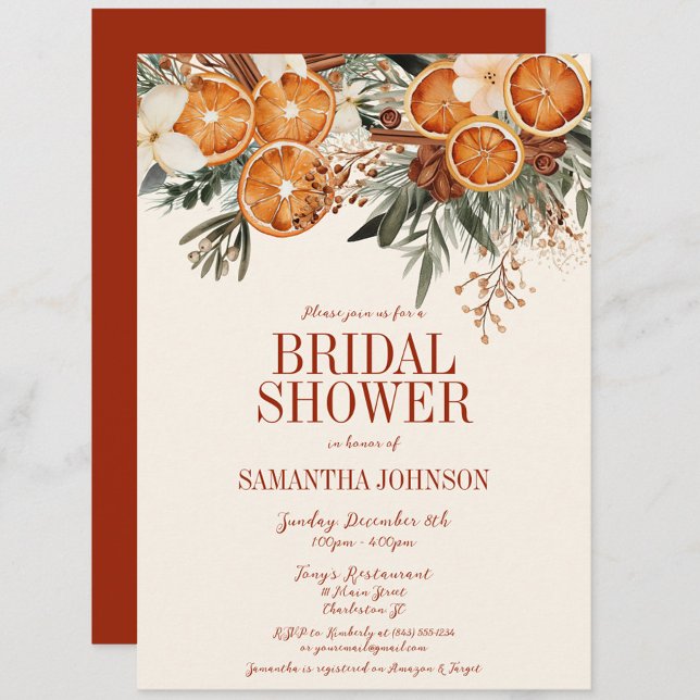 Elegant Möhippa för Elfenbenskustens Blommigt Inbjudningar (Ivory Orange Citrus Floral Bridal Shower Invitation, Christmas, Fall Autumn, Elegant Modern Wedding)