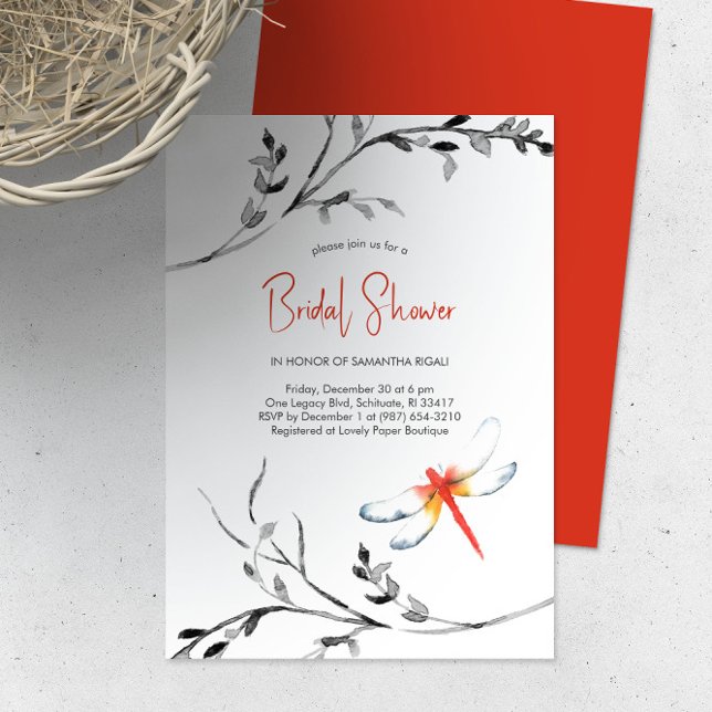 Elegant Möhippa Red Dragonfly Inbjudningar (Bridal shower invitation watercolor red dragonfly art by Victoria Grigaliunas of Do Tell A Belle)