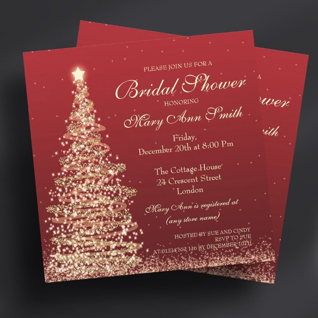 Elegant Möhippa Red Guld Inbjudningar (Elegant Christmas Bridal Shower Red Gold Invitation)