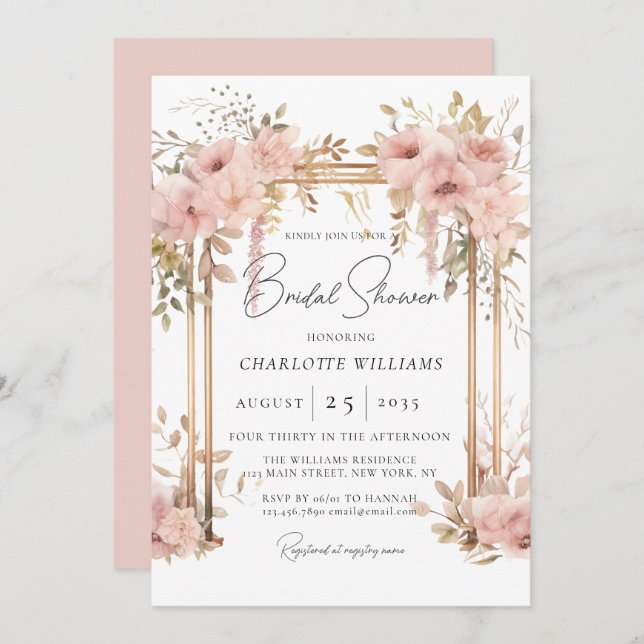 Elegant Möhippa Rosa Blommigt Arch Inbjudningar (Fram/baksida)