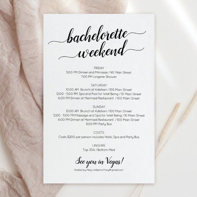 Elegant möhippa veckoschema inbjudan (Elegant Bachelorette Weekend Itinerary Invitation)
