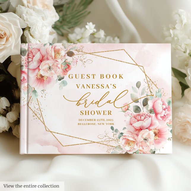 Elegant Möhippan för Rosa vid Blommigten Guld Ram Gästböcker (Elegant Blush Gold Frame Floral Bridal Shower Guest Book)
