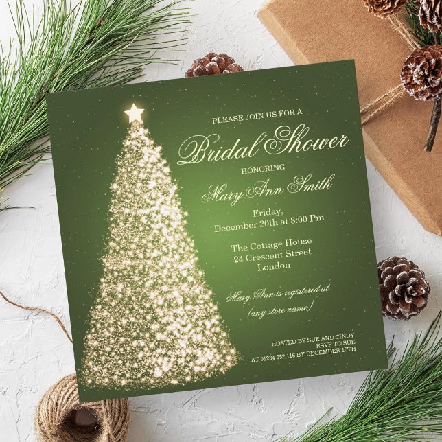 ELEGANT MÖHIPPAN GULD GRÖNT i  Inbjudningar (Elegant Christmas Bridal Shower Gold Green Invitation)