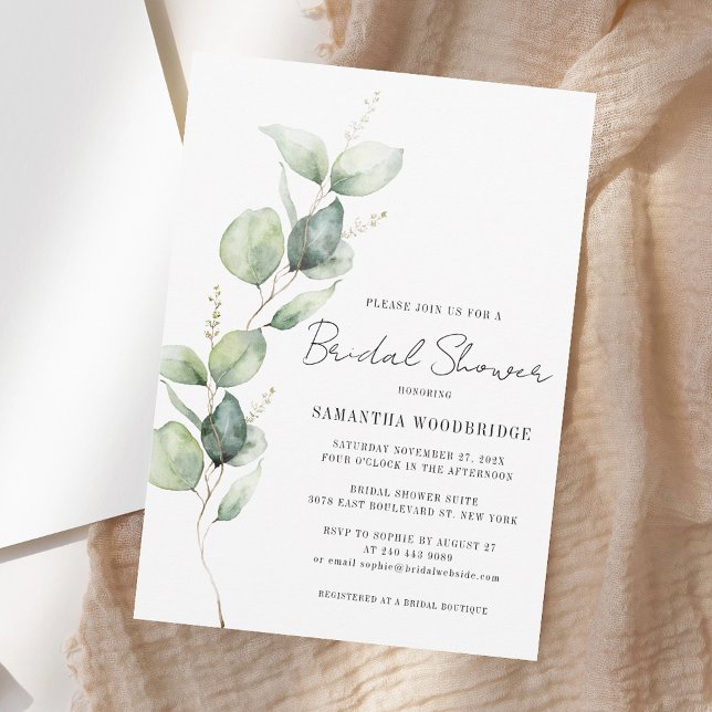Elegant Möhippan Watercolor Eucalyptus Script Inbjudningar (Elegant Watercolor Eucalyptus Script Bridal Shower Invitation)