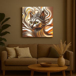 Elegant Molten Liquid Metallic Guld och Silver Cat Canvastryck