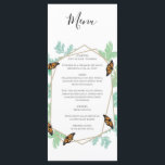 Elegant Monarch Butterfly Bröllop Meny<br><div class="desc">Den här designen har en elegant-slamflygare och löv-design. Det geometriska ramen i guld är omgivet av vintagens vattenfärgslöv. Orangen och de svarta fjärilarna lockas till grejen. Skaka löv mönster med grönt vattenfärgtoner. De omvända visningarna ett par fjärilar som vilar på vattenfärgen löv. Kombinationen av färg skapar ett sofistikerat, trendig och...</div>