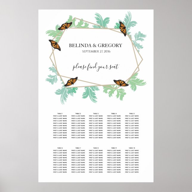 Elegant Monarch Butterfly Bröllop-sätesdiagram Poster (Framsidan)