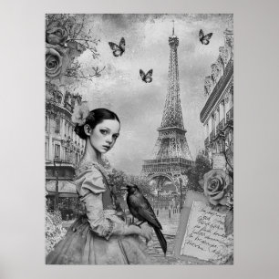 Elegant Monochromatic Victorian Goth Girl i Paris Poster