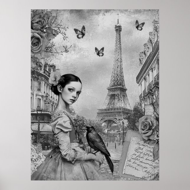 Elegant Monochromatic Victorian Goth Girl i Paris Poster (Framsidan)