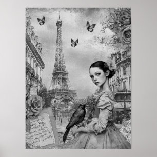 Elegant Monochromatic Victorian Goth Girl i Paris Poster