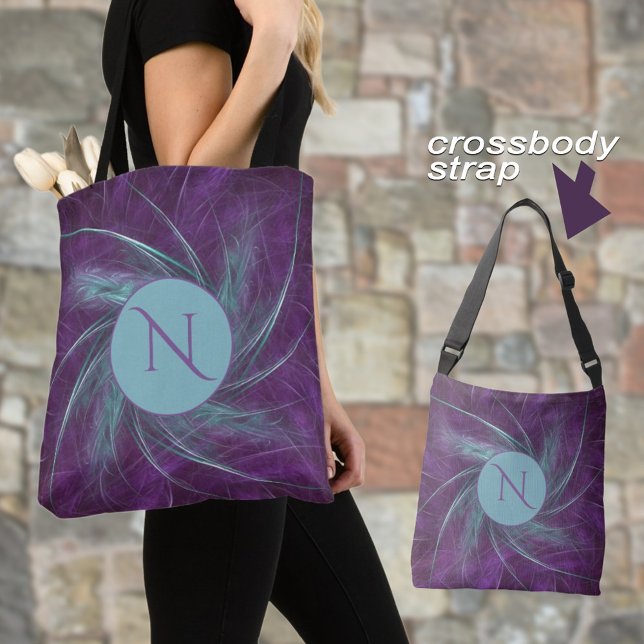 Elegant Monogram Abstrakt Spiral Lila Teal Tygkasse (Personalize the initial and it will appear on both sides of the bag. Make it for yourself or a gift.)