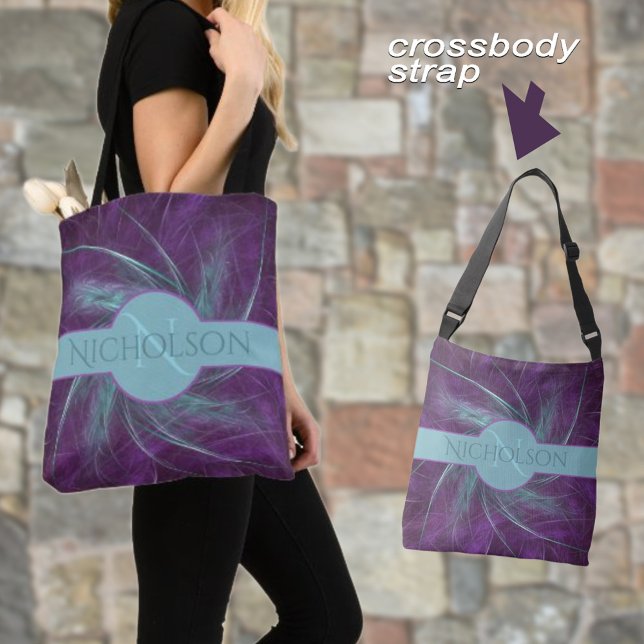 Elegant Monogram Abstrakt Spiral Lila Turkos Tygkasse (Personalize this name and monogram polyester tote for yourself or a a sweet gift. )