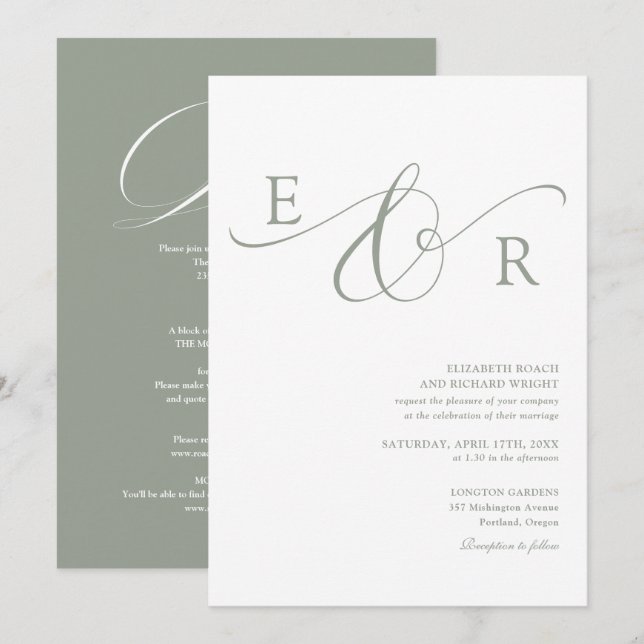 Elegant Monogram Allt-i-ett Bröllop i Sälggrönt Inbjudningar (Fram/baksida)