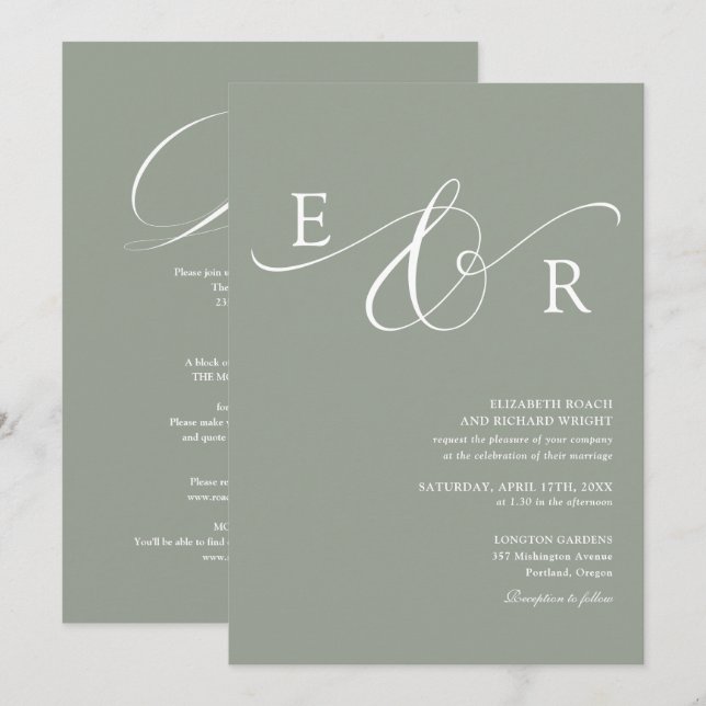 Elegant Monogram Allt-i-ett Bröllop i Sälggrönt Inbjudningar (Fram/baksida)