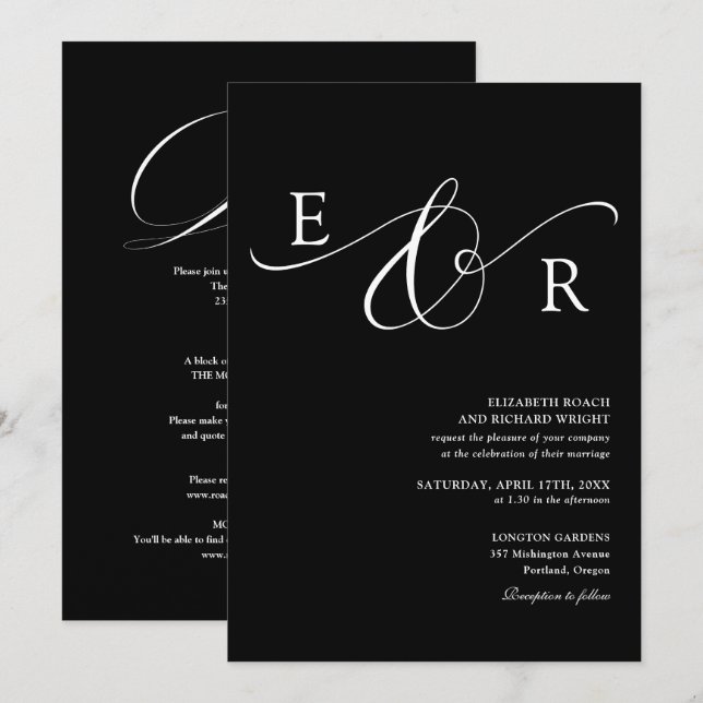 Elegant Monogram Allt-i-ett Svart Och Vitt Bröllop Inbjudningar (Fram/baksida)