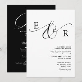 Elegant Monogram Allt-i-ett Svart Och Vitt Bröllop Inbjudningar