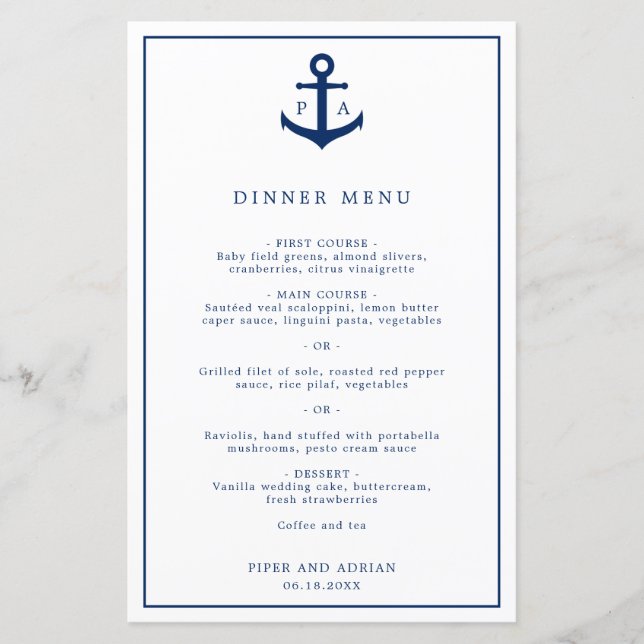 Elegant Monogram Anchor Nautical Bröllop Menu (Framsida)