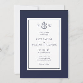 Elegant Monogram Anchor Navy Blue Nautical Bröllop Inbjudningar