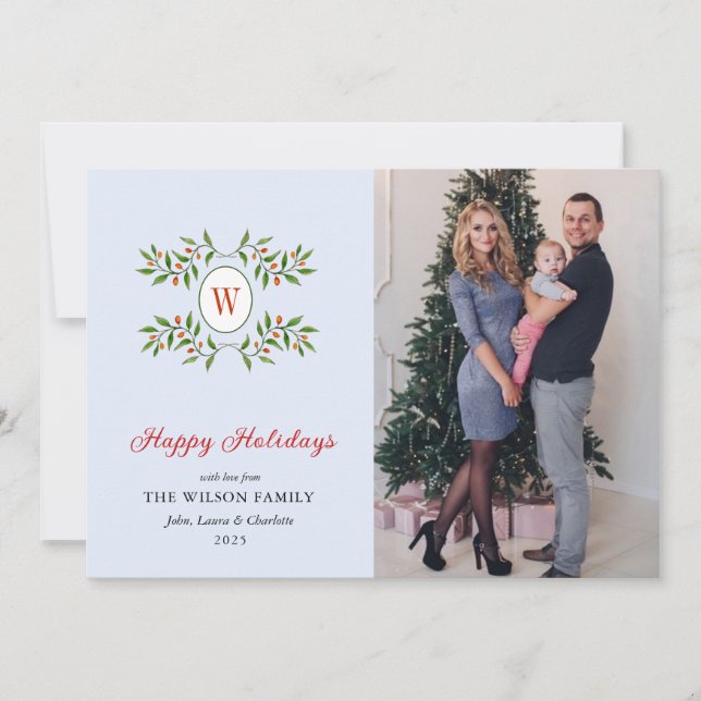 Elegant Monogram andedräkt med Citrus Blue Helgdag Julkort (Framsida)