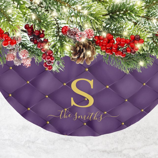 Elegant Monogram Anpassningsbar Lila Guld jul Julgransmatta Borstad Polyester (Elegant Monogram Custom Purple Gold Christmas Brushed Polyester Tree Skirt
)