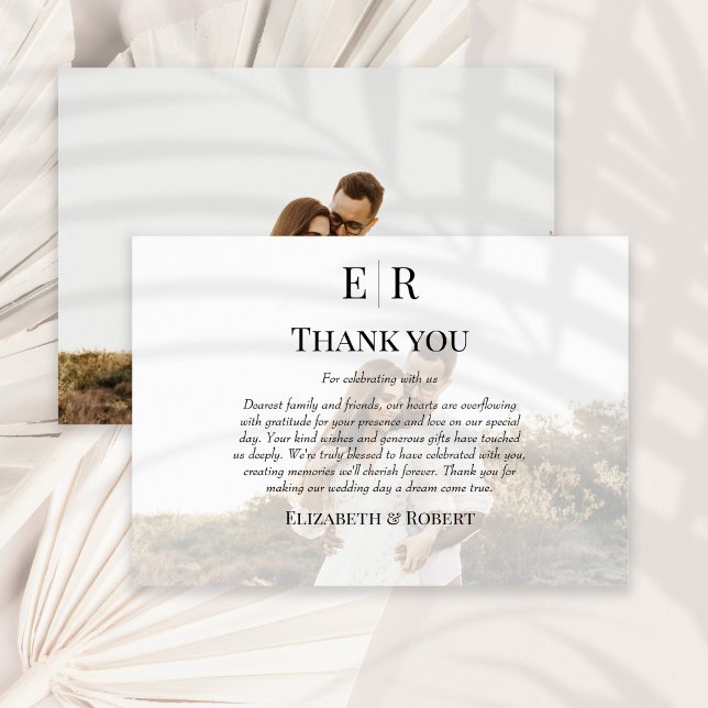 Elegant Monogram Anpassningsbar Photo Bröllop Tack Kort (Elegant Monogram Custom Photo Wedding Thank You Card on a sunny neutral dry palm leaf.)