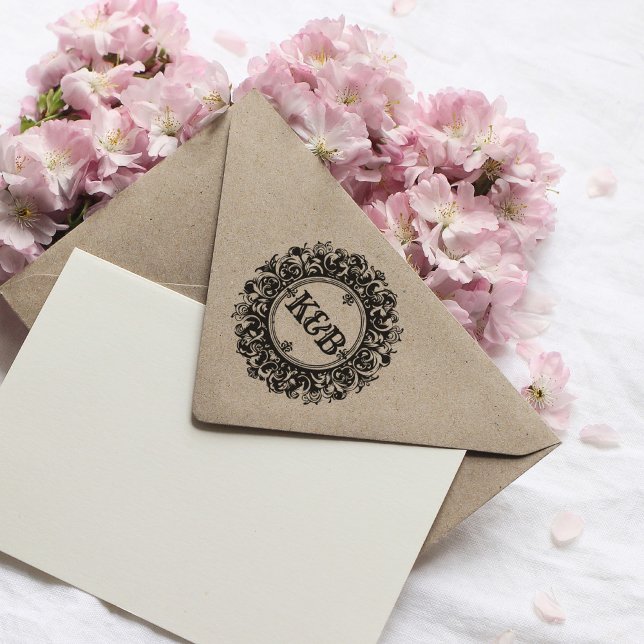 Elegant Monogram Anpassningsbar Round Bröllop Rubb Stämpel (elegant monogram stamp with initials)