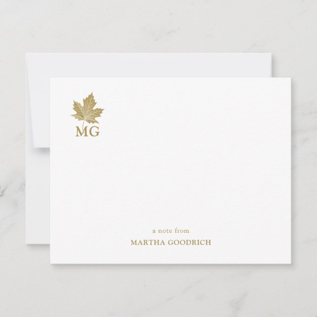 Elegant Monogram Antique Guld Maple Löv Flat Anteckningskort (Framsida)