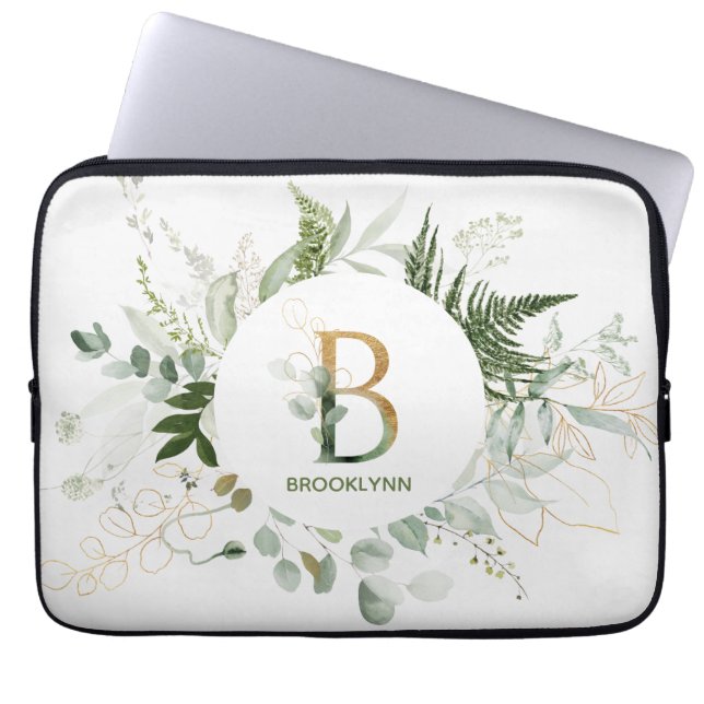 Elegant Monogram B Fern & Succulent Laptop sleeve (Framsidan)