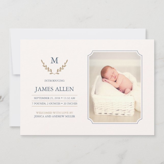 Elegant Monogram Baby Birth Meddelande (Framsida)