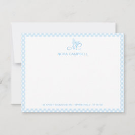 Elegant Monogram Baby blue Gingham Checks för Cute Anteckningskort