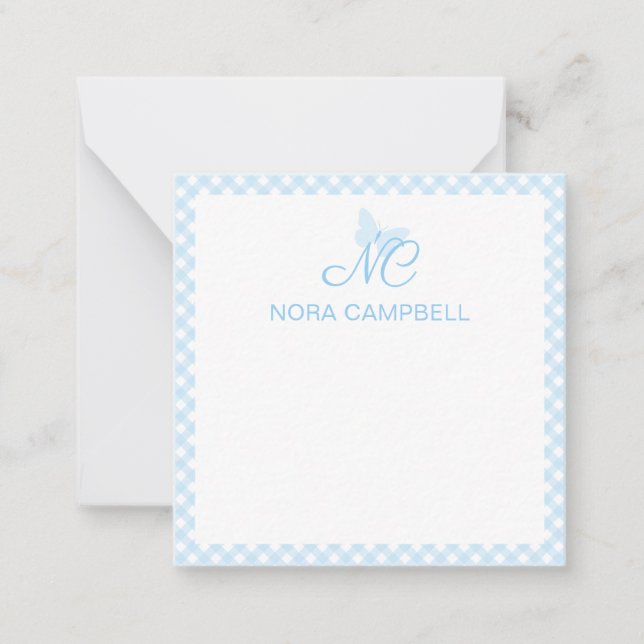 Elegant Monogram Baby blue Gingham-Personlig Anteckningskort (Framsida)