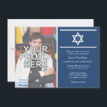 Elegant Monogram Bar Mitzvah med foto Inbjudningar<br><div class="desc">Lägg till ditt eget foto.  Bar mitzvah-inbjudningar.  Blå och vit.</div>