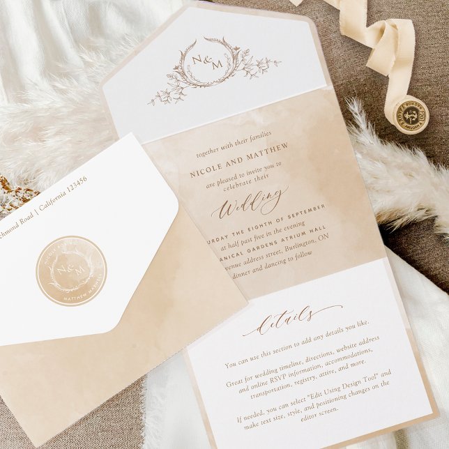 Elegant Monogram Beige Cream Watercolor Bröllop (Skapare uppladdad)