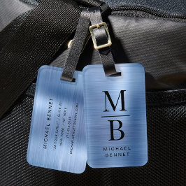 Elegant Monogram blå borstad metallisk Bagagebricka