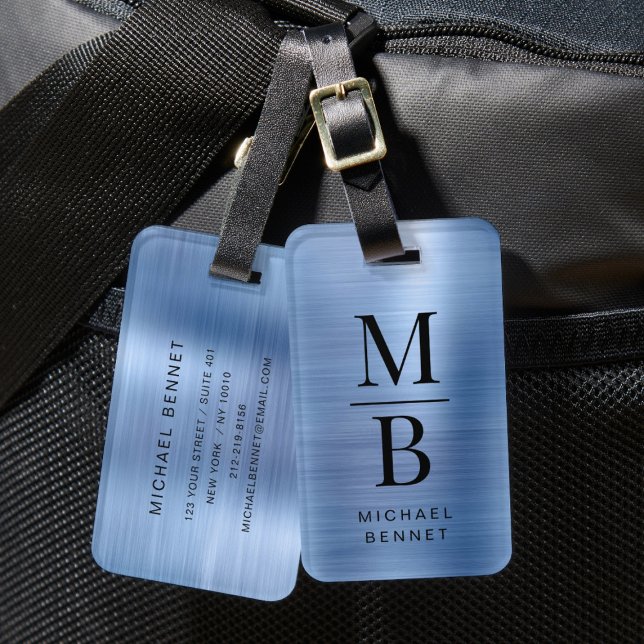 Elegant Monogram blå borstad metallisk Bagagebricka (Elegant Monogrammed Blue Brushed Metallic Luggage Tag)